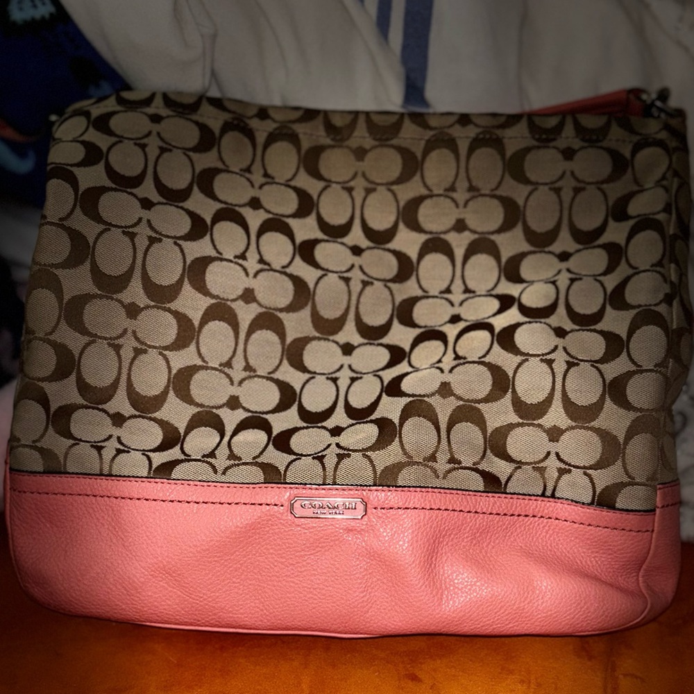 Coach Signature Brown and Coral Shoulder Bag with Crossbody Strap.